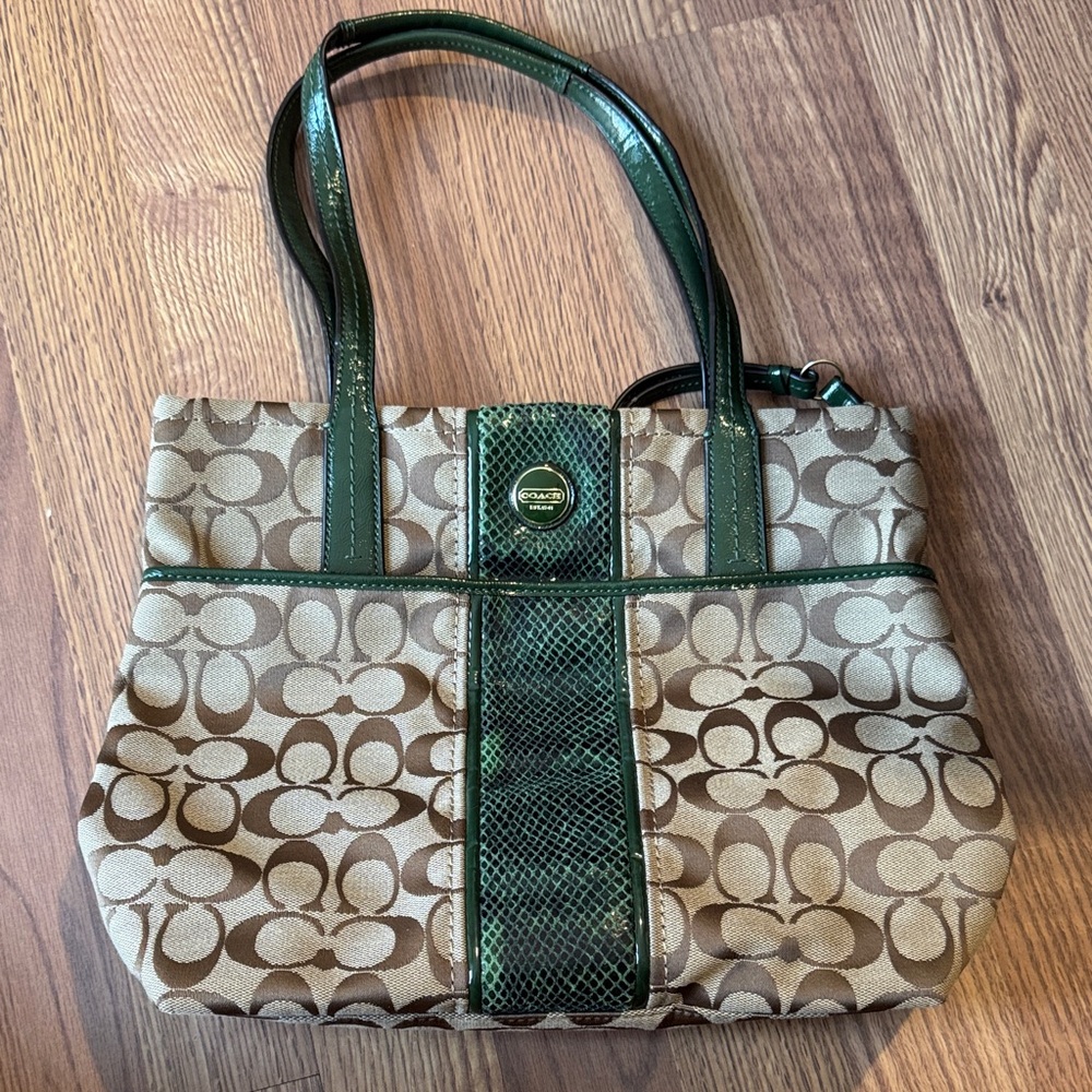 Coach Tan and Green Signature Shoulder Bag